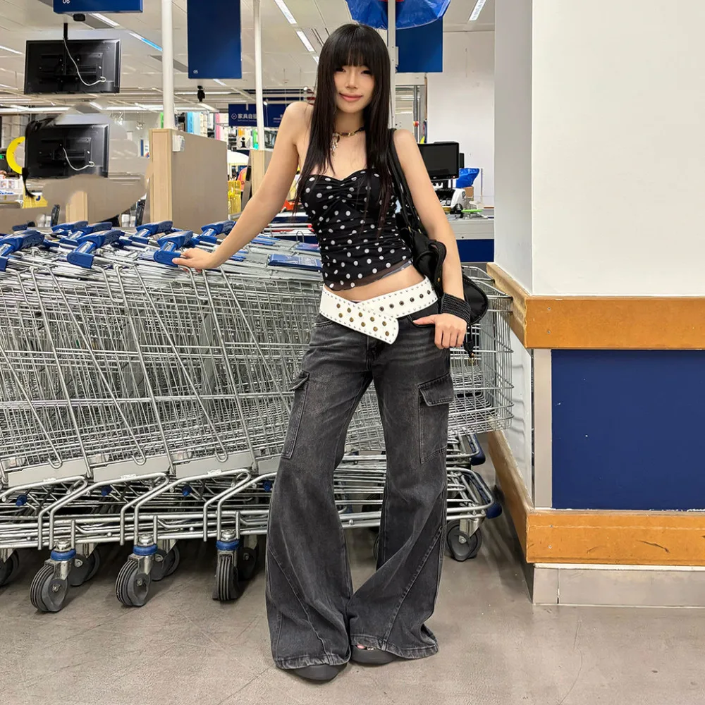 SylCue – Corset en maille Patchwork pour femme, haut imprimé à pois, épaules dénudées, dos nu, nombril exposé, mode de rue, gilets de Style doux Y2K