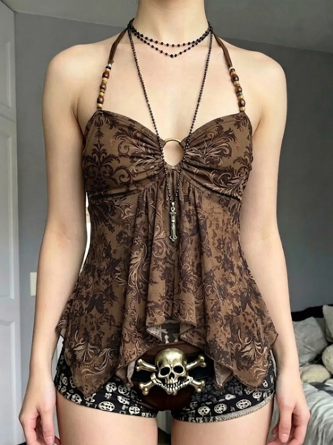 Beaded Neck Hanging Mesh Vest Women's Fashionable Classy Beaded Necklace Strapless Vest A-Line Narrow Shoulder Strap Vest