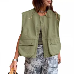 Vests Coats Women Solid Loose Casual Coat Sleeveless Round Neck Zipper Pockets Splice Cardigan Jackets Regular Summer 2024