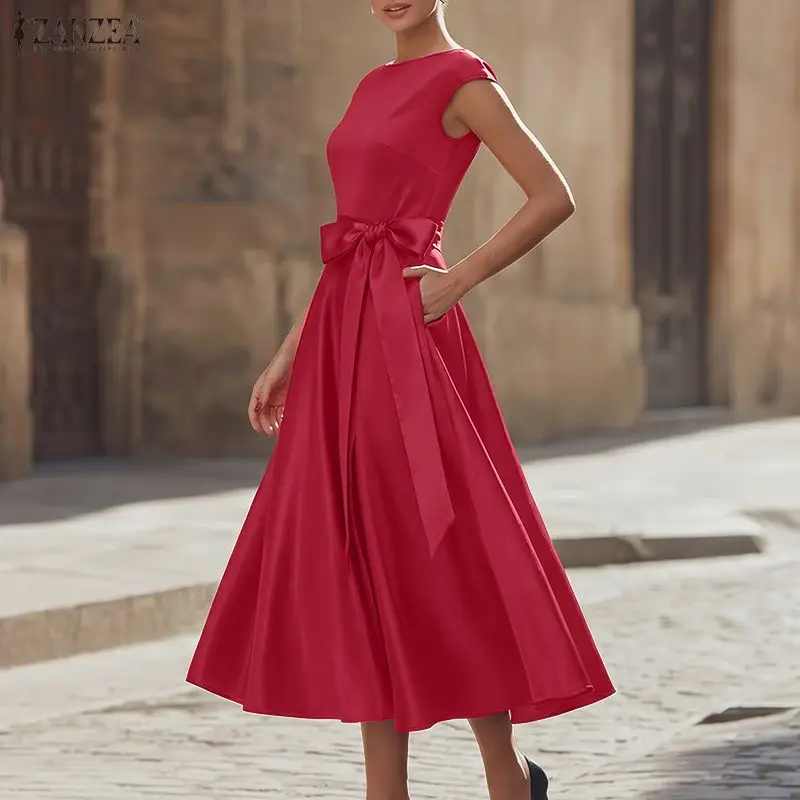 Damen Abendkleid Partykleid 2026 ZANZEA Stilvolles Sommer A-Linien Satinkleid Ärmelloses Arbeitskleid Elegantes Schnür-Midikleid