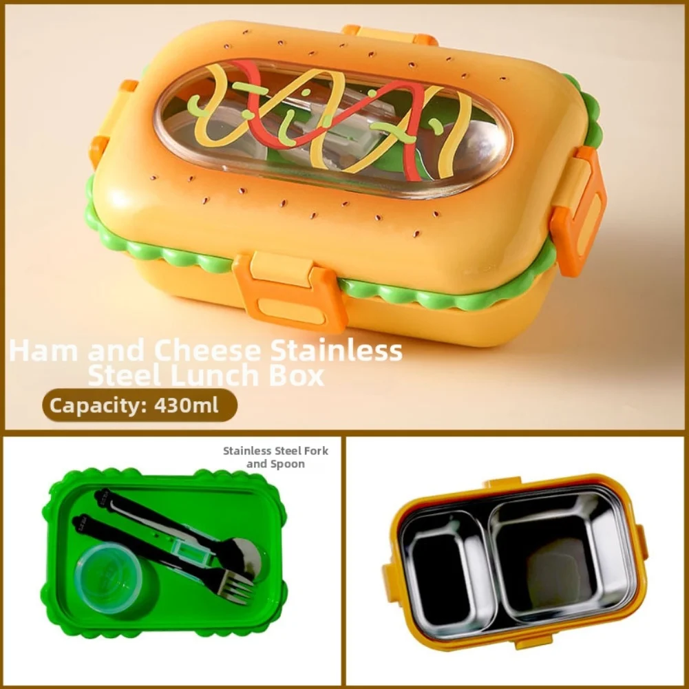 

Hamburger Shaped Lunch Box Made from 304 Stainless Steel with Leak Proof Silicone Seal and Stainless Steel Chopsticks and Spoon