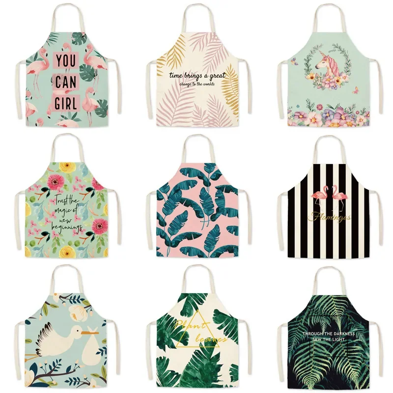 INS Tropical Leaves Print Cotton Linen Apron Kitchen Women Baking Waist Bib Home Cooking Brief Sleeveless Minimalism Tablier