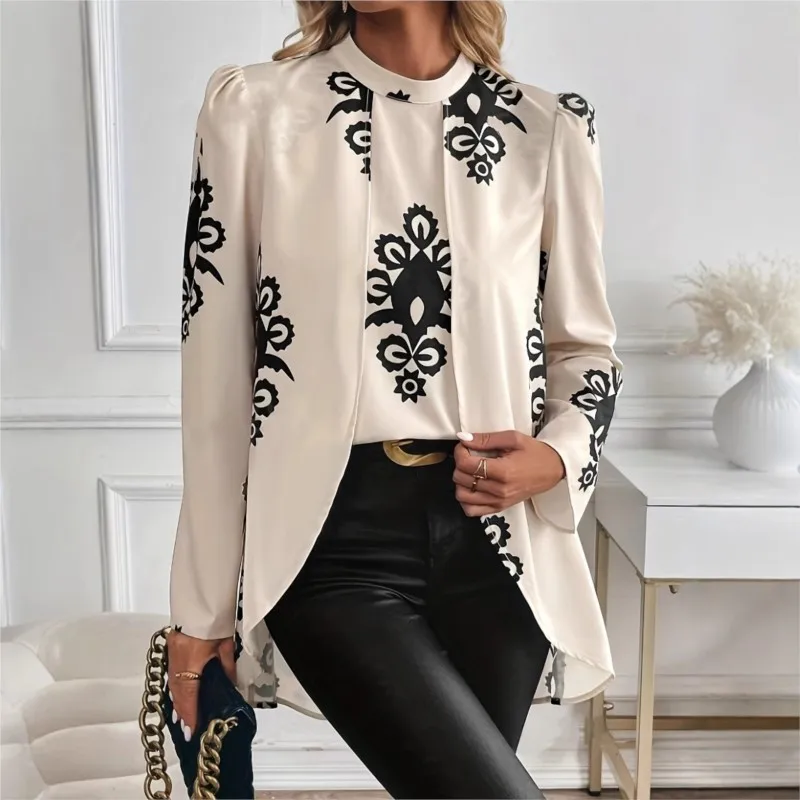 

Vintage Print Long Sleeve Blouses Women Autumn Elegant Office Ladies Tops Femme Fake Two Pieces Blouse Shirts Women's Top