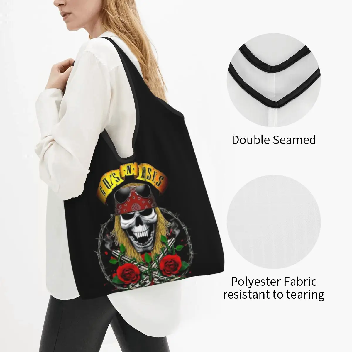 Guns N Roses Heavy Metal Shopping Bag Foldable Grocery Eco Bags Large Capacity Punk Recycling Bags Washable Handbag