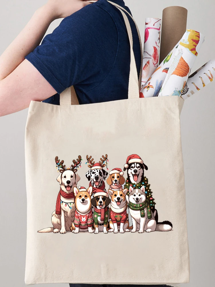 Christmas Dogs Pattern Tote Bag Canvas Shoulder Bag Women's Reusable Shopping Bags Best Gift for Xmas Dog Lover Christmas Gift