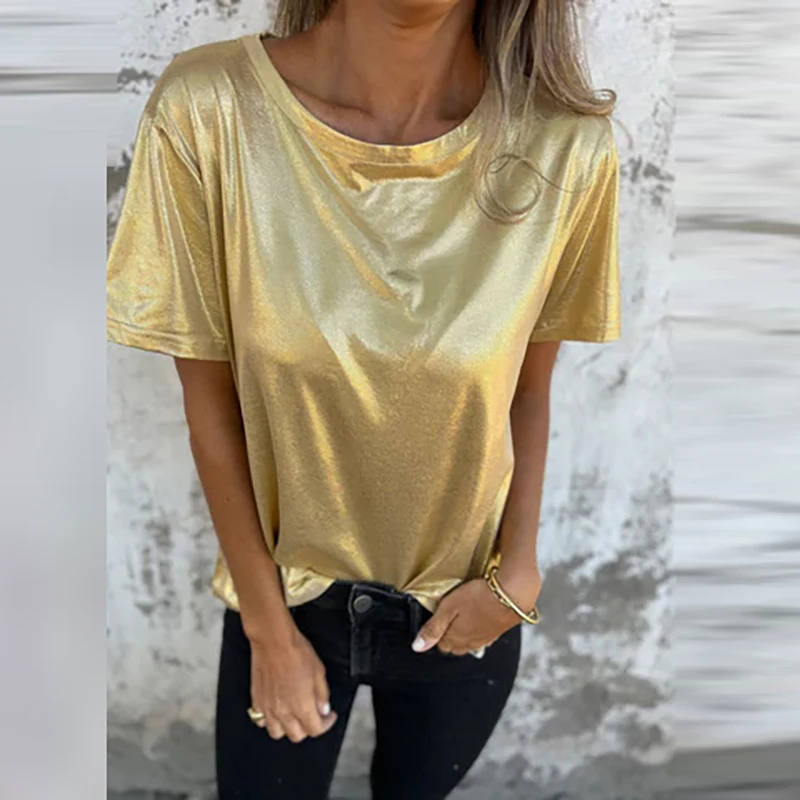Spring And Summer Women\'s Short Sleeved Satin Shirt Loose Casual Round Neck T Shirt Simple Versatile Commuter T Shirt Tops