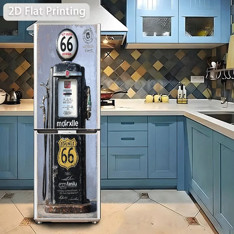 Refrigerator Sticker Refrigerator Dishwasher Sticker Vintage Gas Pump Themed Design Wall Decal Self-Adhesive Wallpaper Refrige