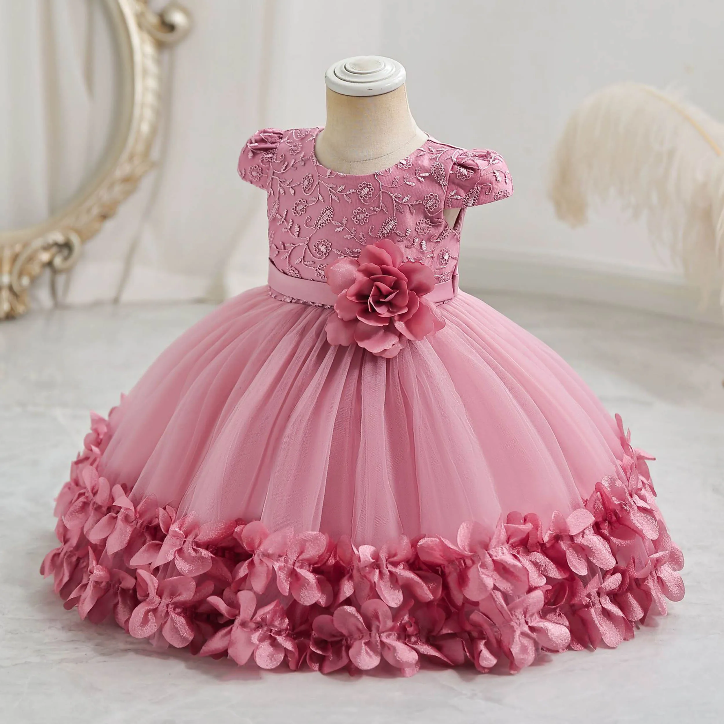 Baby Little Girls Flower Girl Dress Toddler Cap Sleeves Beaded Birthday Party Pageant Dress TT085