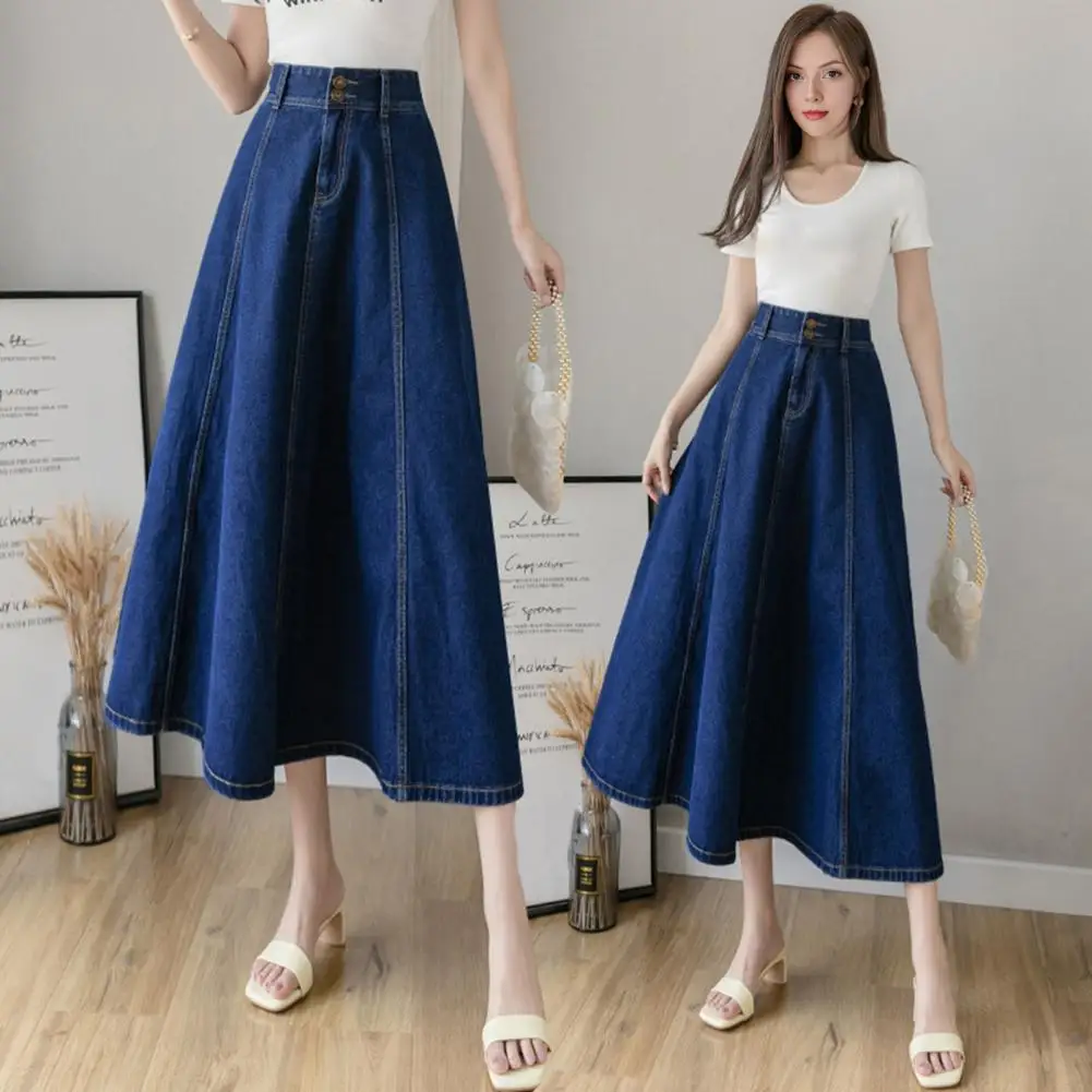 

Denim Midi Skirt High Waist Button Zipper Fly A-Line Hem Skirts Solid Color Blue Skirt Office Lady Denim Skirt Daily Wear