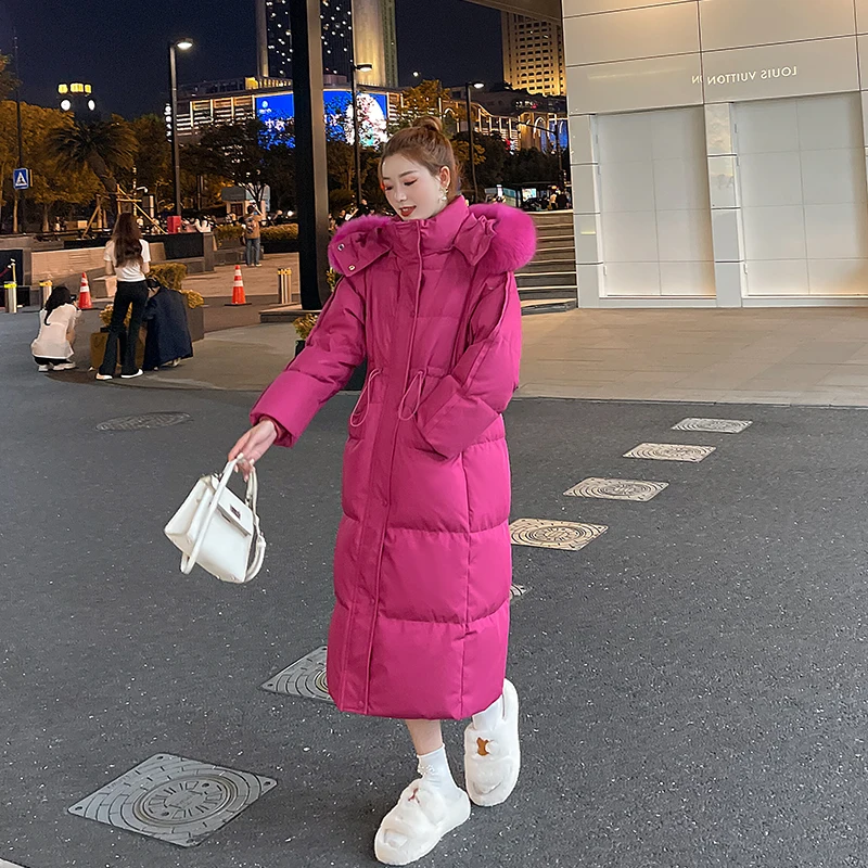 Abrigo largo de plumón de pato para mujer, chaqueta de plumas de invierno, rosa, moda coreana, cuello de piel de zorro grande, blanco, 90