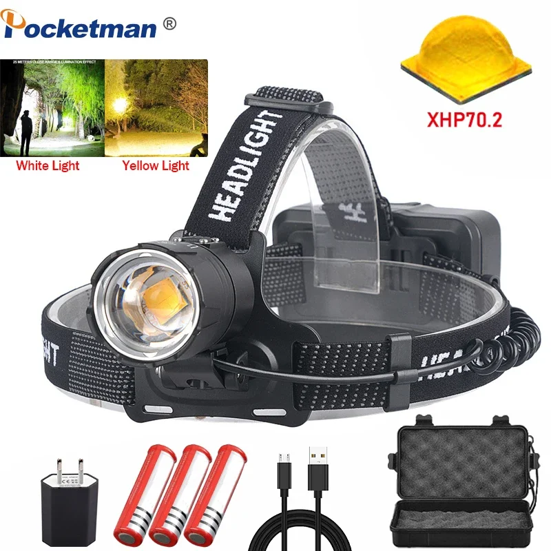 Powerful P70.2 LED Headlamp Yellow/White Light Rechargeable Headlight Outdoor Waterproof Head Lamp Super Bright Head Flashlight