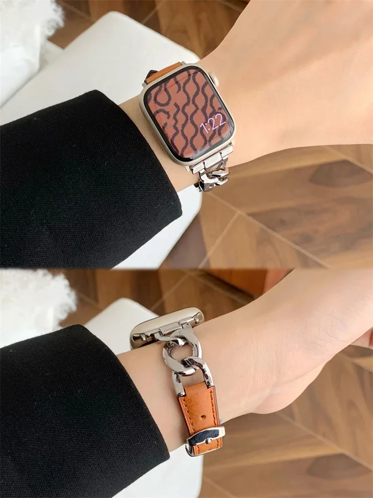 Luxury Design Metal Real Leather Band For iWatch Series 8 7 6 5 4 3 SE Women Slim Strap For Apple Watch 41mm 40mm 45mm 44mm 49mm