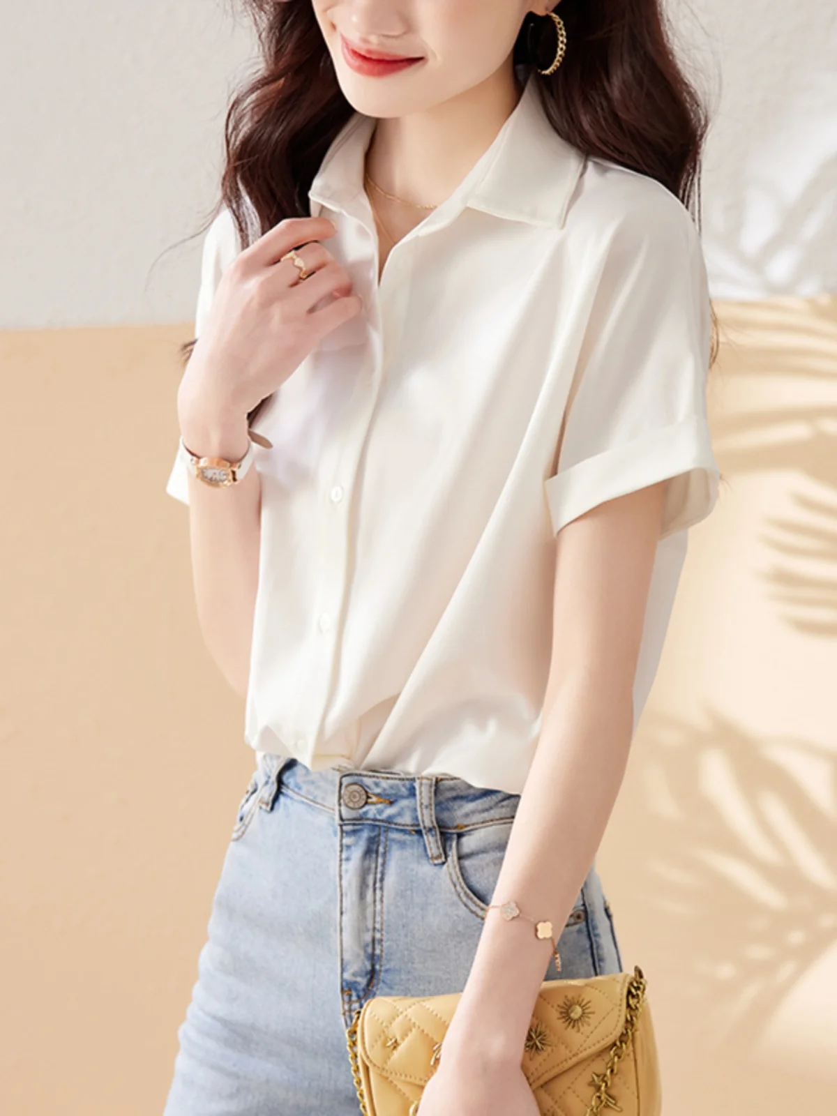 

Summer Silk irt Commute Simple Faion Loose Slim ort Sve Collar Top Korean Sle Regular Fit Pure Color