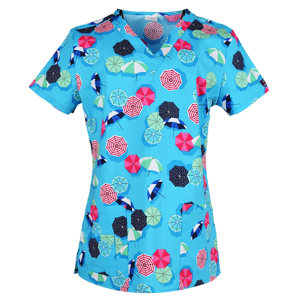 Hennar Print Scrub Uniforme para As Mulheres, 100% Algodão, 4 Bolsos, Tecido Médico Scrub Tops, XXS-5XL