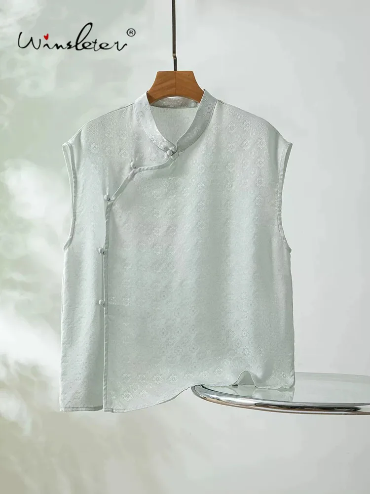 Winsleter-100%Real Silk Elegant Vest, Stand Jacquard, Women Retro Temperament Commute Loose Tank Top, 2026 Autumn New T69205CC