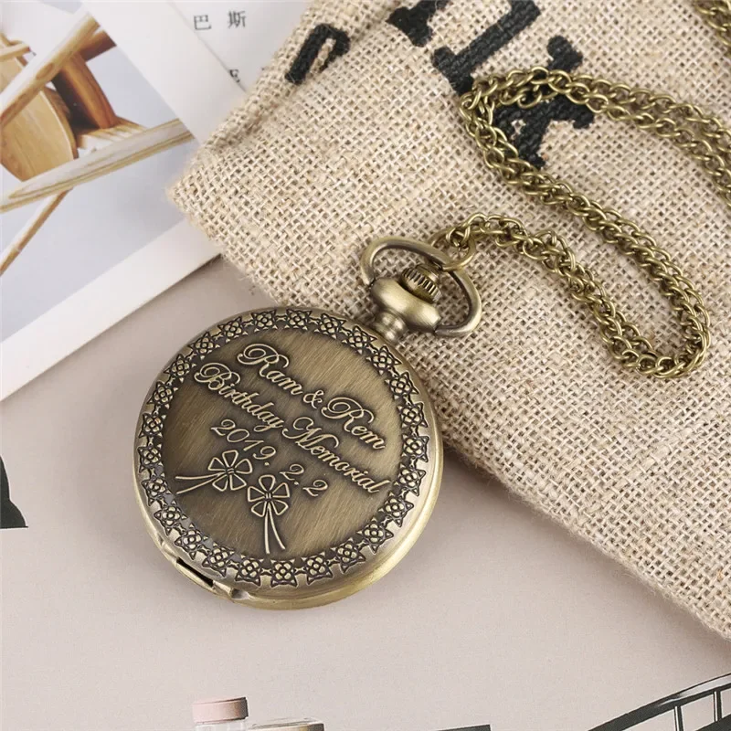 Vintage Re:zero Anime Theme Quartz Pocket Watch for Men Women Delicate Heart Flower Pattern Necklace Sweater Chain Timepiece