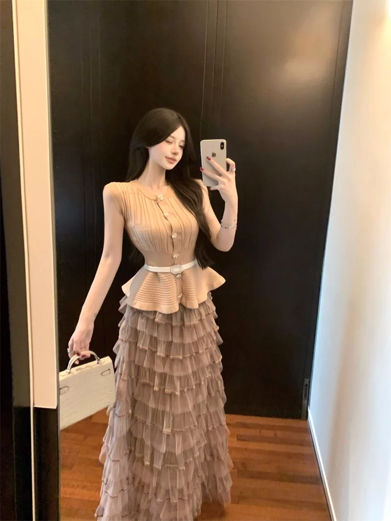 Conjunto de cseta de malha chique e saia de malha moda verão conjunto f de duas peças casual gola redonda com  ...