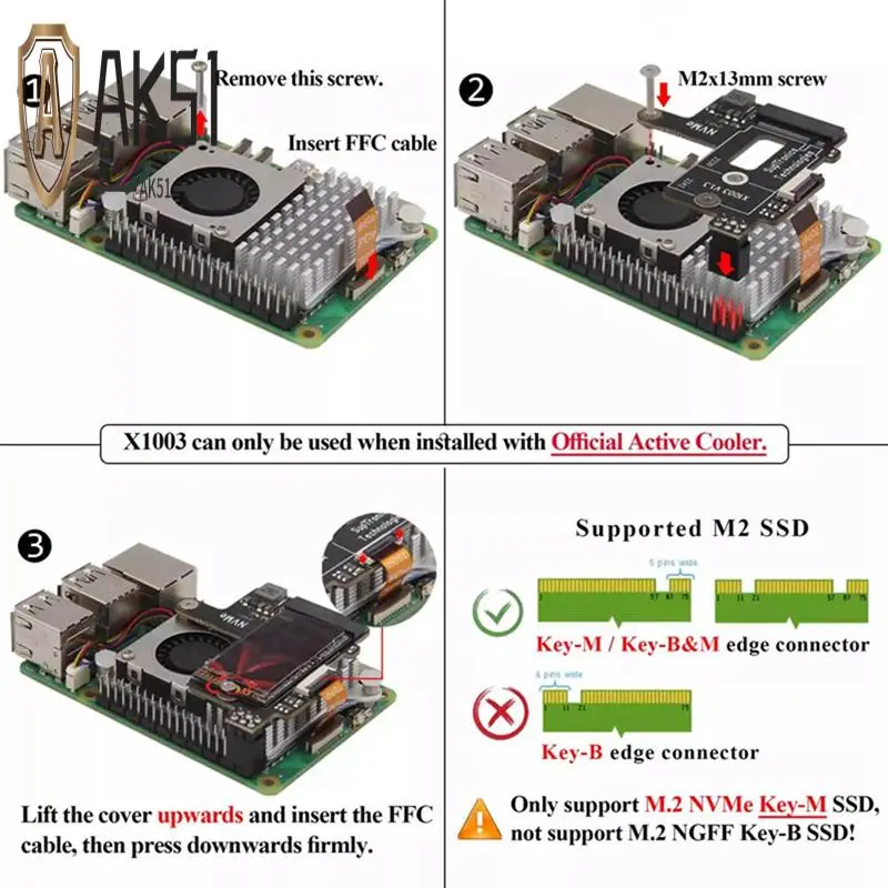 

AK51-X1003 PCIE Expansion Board With Fan For Raspberry Pi 5 Pcie To M.2 Nvme SSD Expansion Board For 2242 2230 NVME SSD