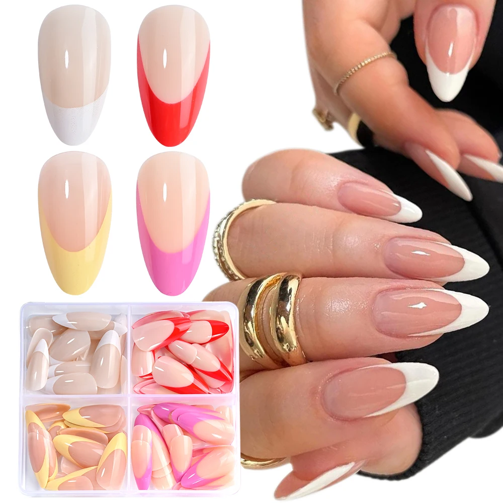 96 piezas de uñas postizas de almendra francesa, borde rojo/blanco/rosa/púrpura, cobertura completa, puntas de uñas postizas usables de Navidad para mujeres