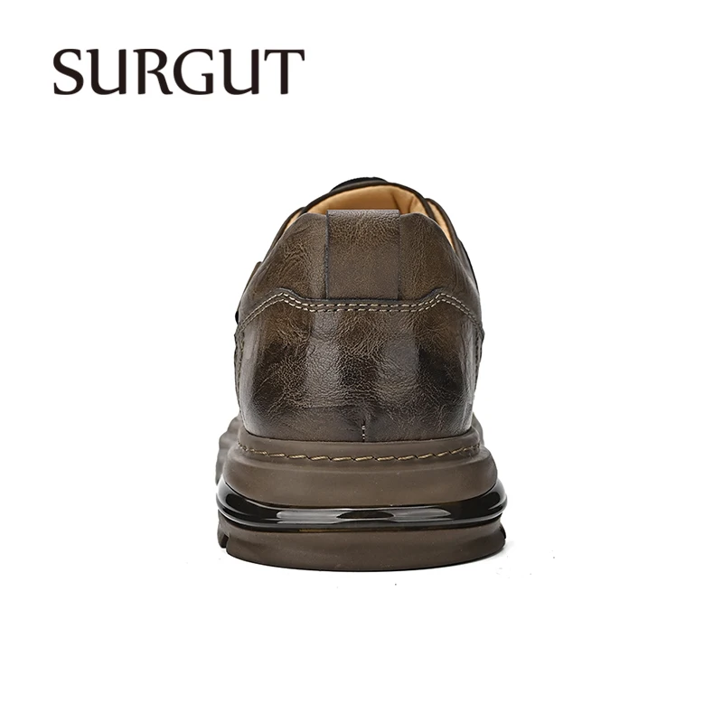 SURGUT Brand Men Shoes Leather Casual Shoes Men Rotating Buttons Flat Platform Outdoor Loafers Breathable Walking Shoes