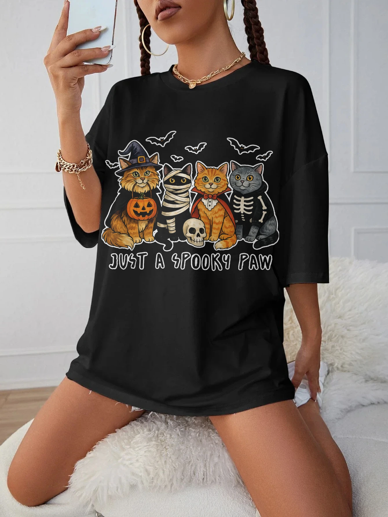 

Женская футболка для беременных Just a Spooky Paw, черная, с круглым вырезом, свободный крой для поздней беременности, летний комфорт