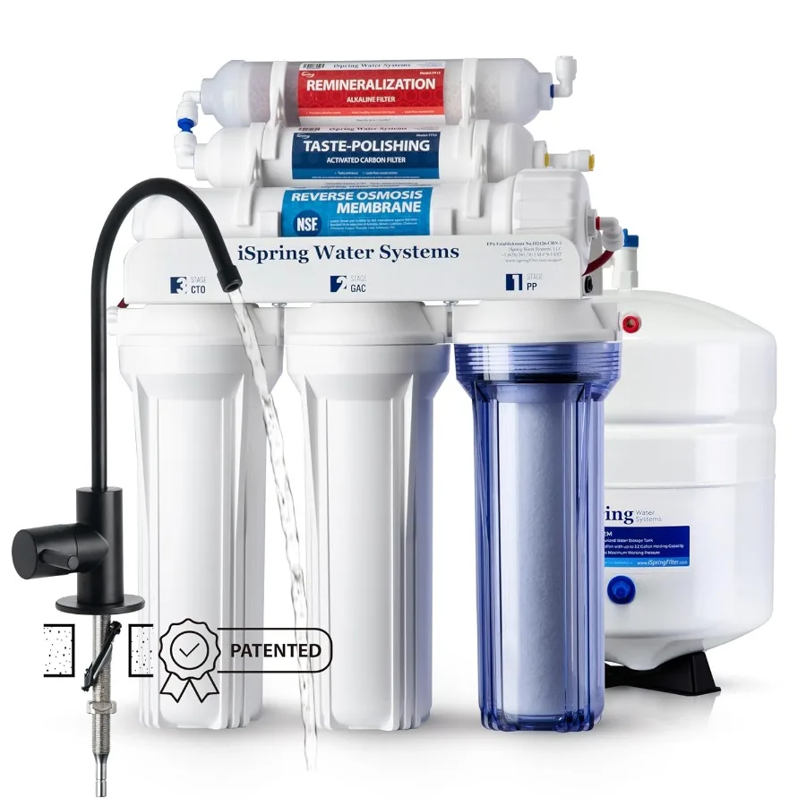 NSF ANSI 58 Sistema de osmose reversa alcalina certificação de 6 estágios com torneira RO preta elegante para cozinha doméstica pH + remineralização