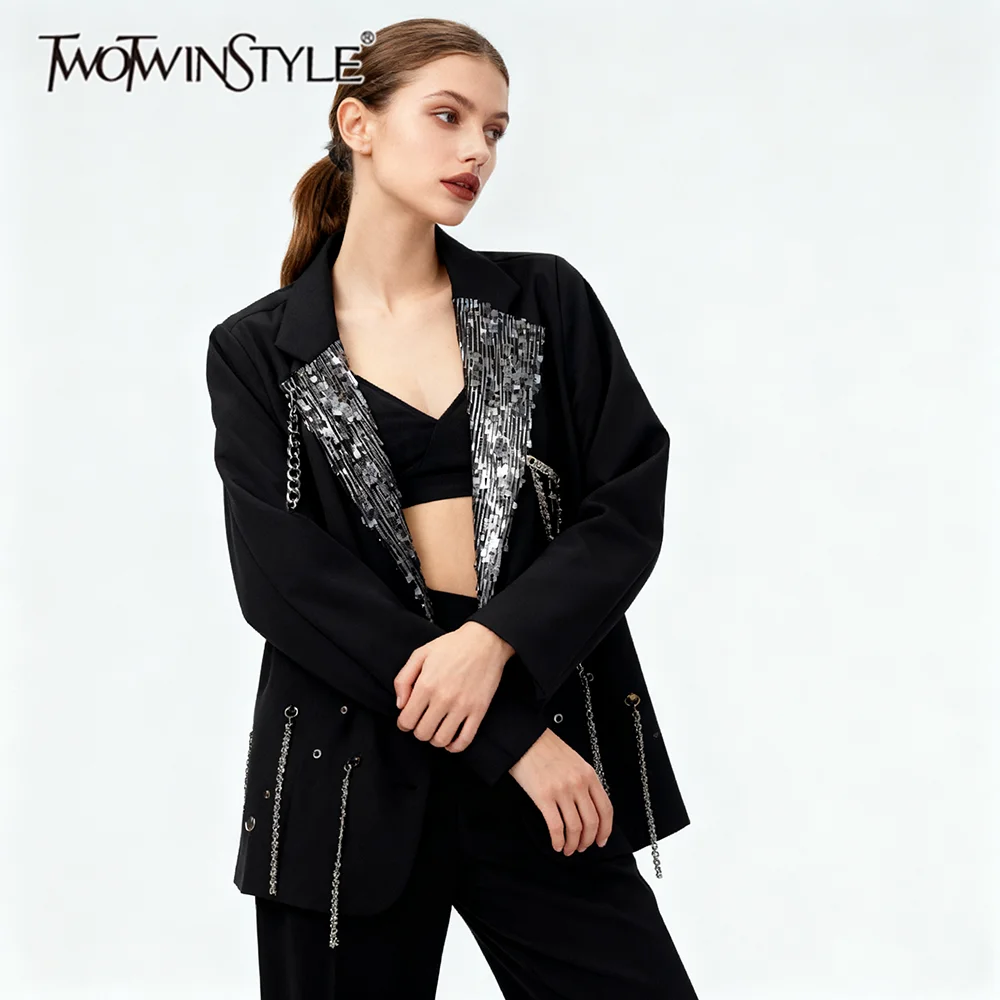 TWOTWINSTYLE Solid Loose Spliced Sequins Luxurious Blazers for Women Lapel Long Sleeves Patchwork Chains Fashion Blazer Female