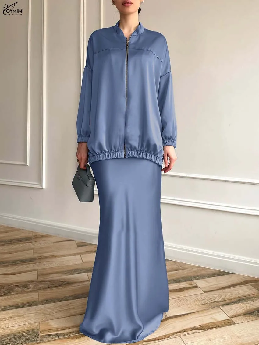 

Oymimi Casual Blue 2 Piece Sets Woman Outfit Elegant Long Sleeve Zipper Blouses And Simple High Waisted Floor-Length Skirts Sets