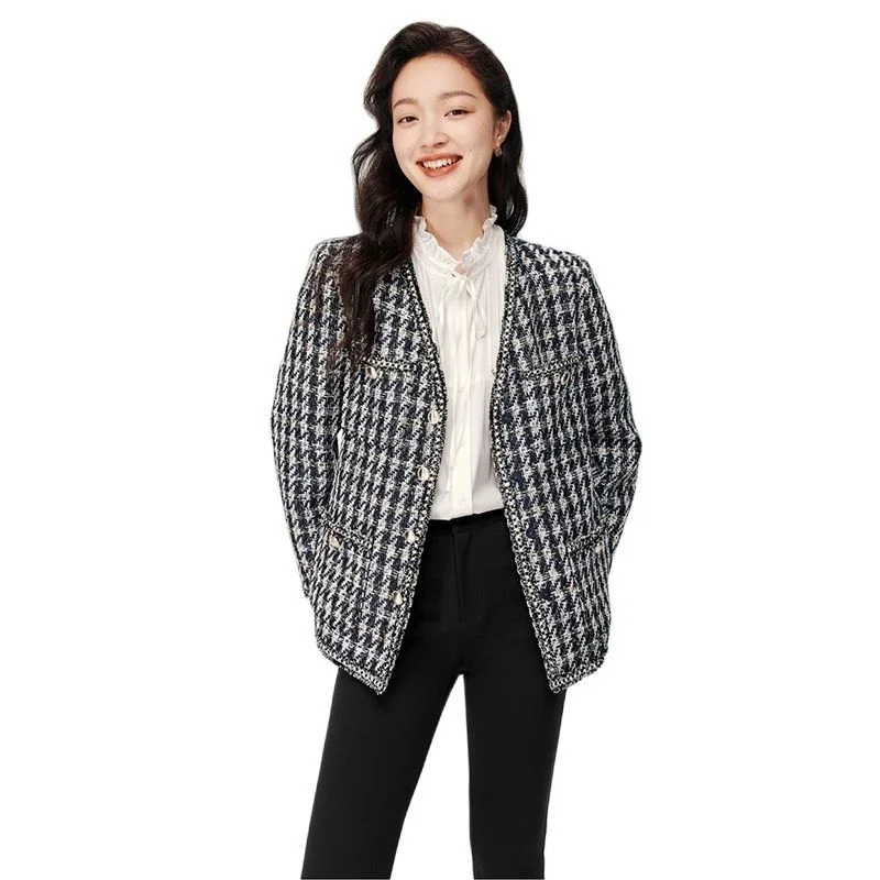 

Short Women Autumn Winter Jacket Vintage 2023 Chic Patchwork Pocket Fashion Long Sleeve Luxury Outerwear Tweed Coat