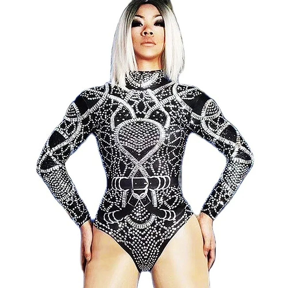 Shining Embellished Rhinestones Women Tight Bodysuits Long Sleeve Turtleneck Jumpsuits Leotard Singer Dancer Stage Wear Costumes