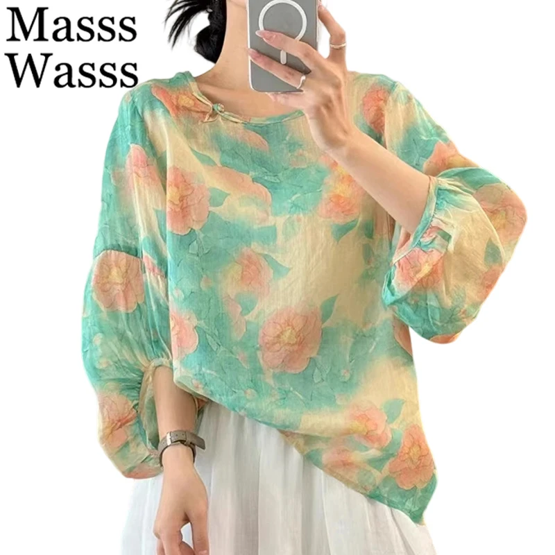 

Masss Wasss 2025 Summer Female Fashion Floral Vintage Big Size Chiffon Shirts Ladies Classic Casual Elegant Blouses Printed Tops