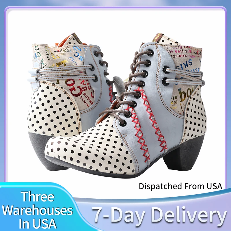 TMA EYES Polka Dot Leather Women Boots with Moccasin Hand Stitching