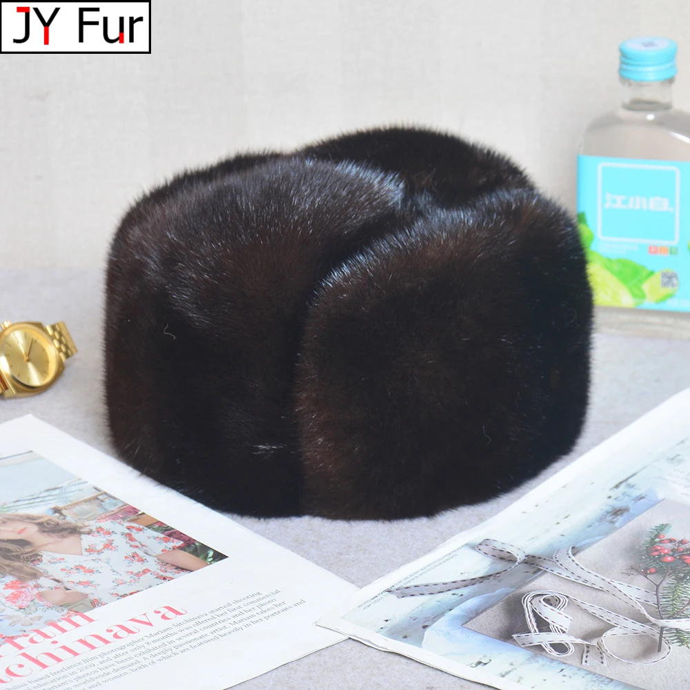 

Winter Man Top Real Mink Fur Bomber Hat Male Genuine Marten Head Warm Black/Brown Caps Best Gift For parent Gorras