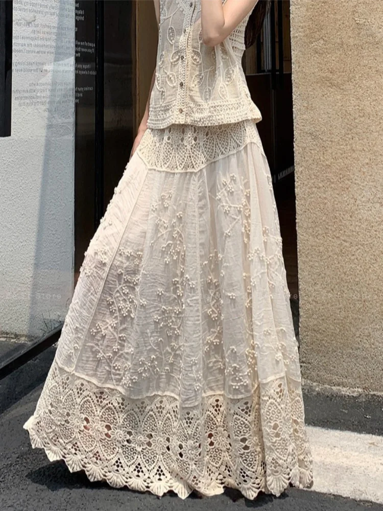 Lace Cut Out Crochet Skirt Women's Summer 2026 Elastic High Waist Slimming Look Draped A-line Long Skirt