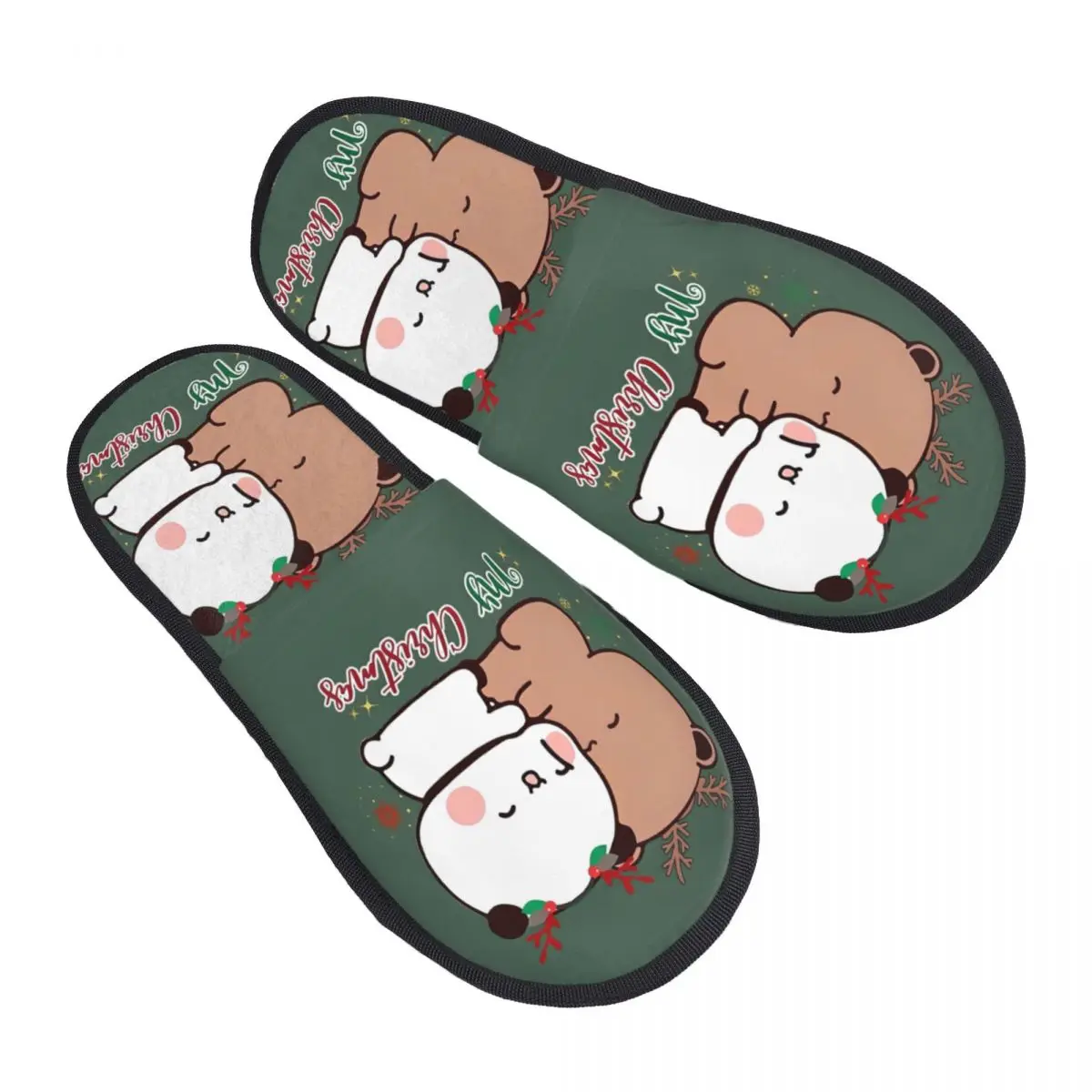 BuBu Panda DuDu Bear Christmas Love Winter Slippers Indoor Xmas Cute Cozy Memory Foam Slippers Non Slip