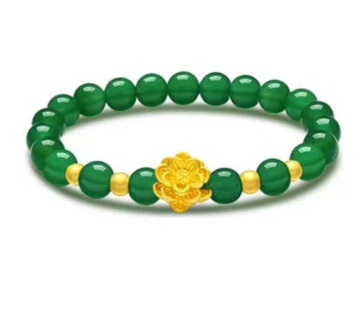 

999 real gold charms bracelet green agate hand string 24k gold lotus charms bracelets diy red agate bracelet