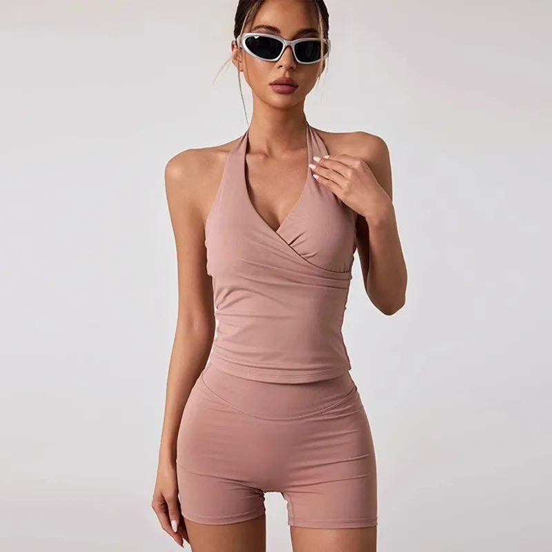 Gilet sportivo da yoga con scollo a V Canotte da fitness elastiche attillate da donna Camicie senza maniche da palestra Top da allenamento per corsa Halter Abbigliamento sportivo Petto