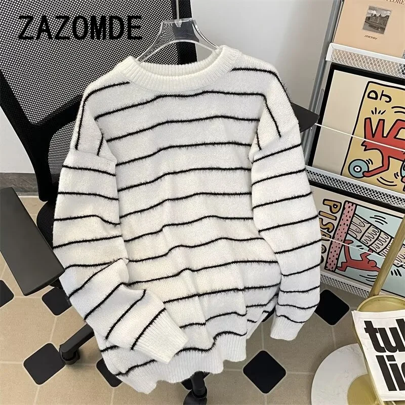 ZAZOMDE Harajuku Autumn Winter Striped Pullover Knitted Sweater Men\'s Loose Casual High Street Tops Sweaters Male Clothes 2024