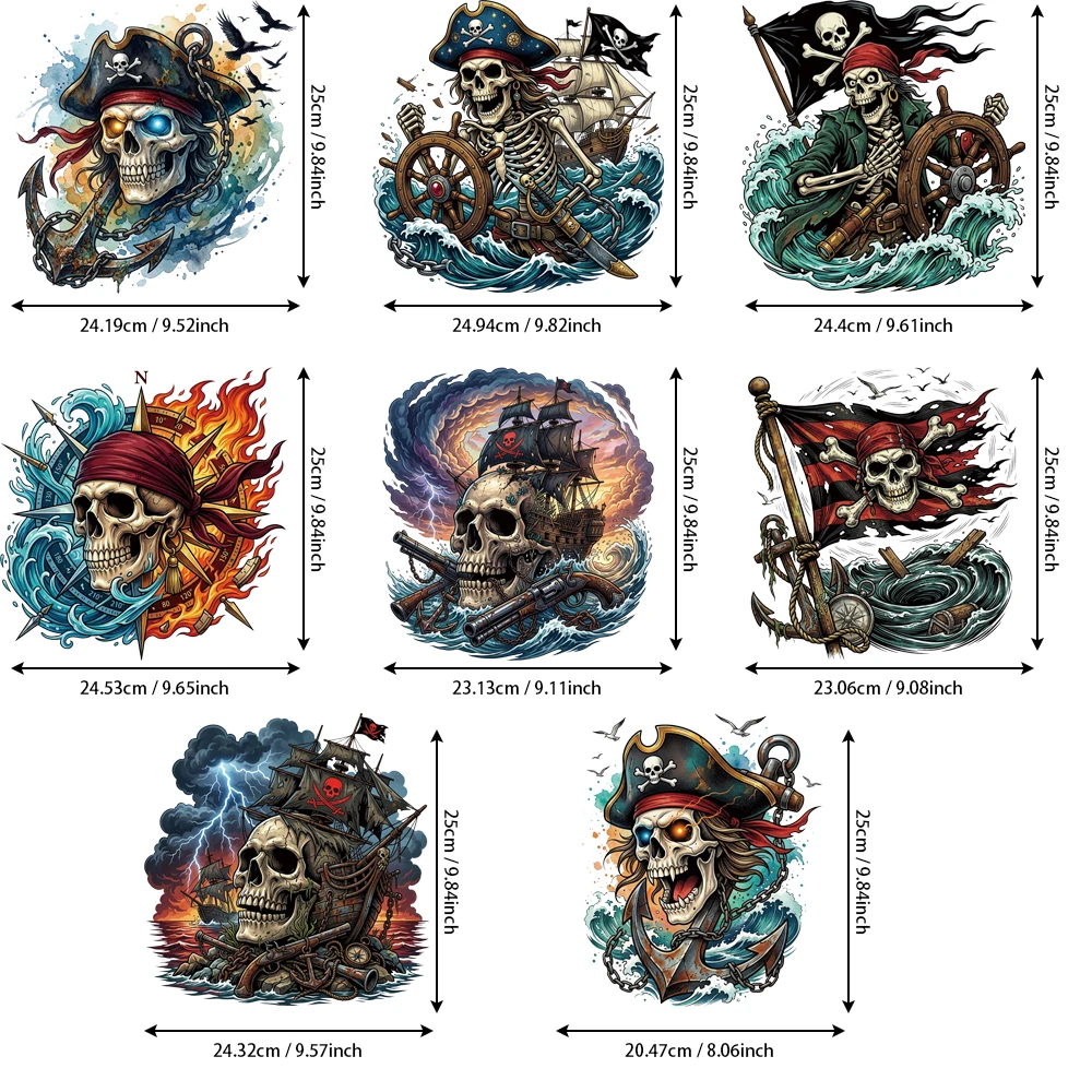 8 wave skull rudder heat transfers, splash wave & red scarf prints for street skatewear, free sailing style
