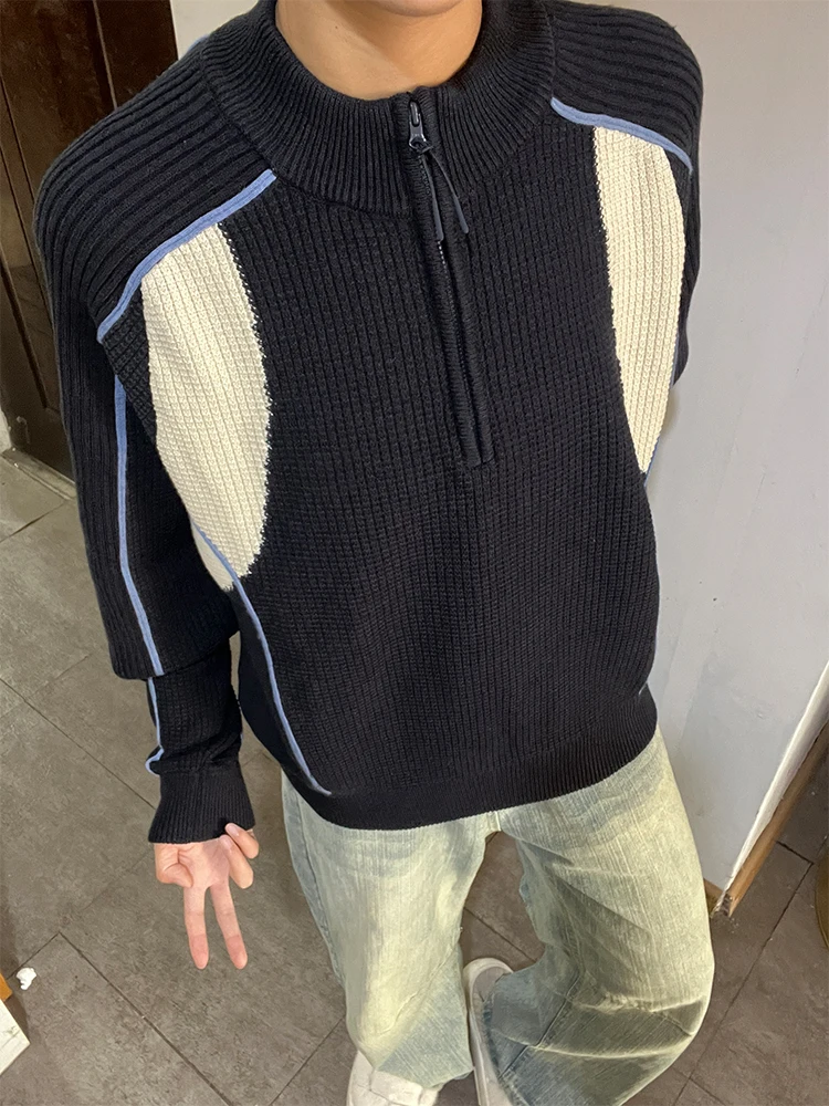 

American Sle Spliced Color Blo f Zipper Men's Knitwear Autumn Spor Collar Stand up Inner Wear Base irt