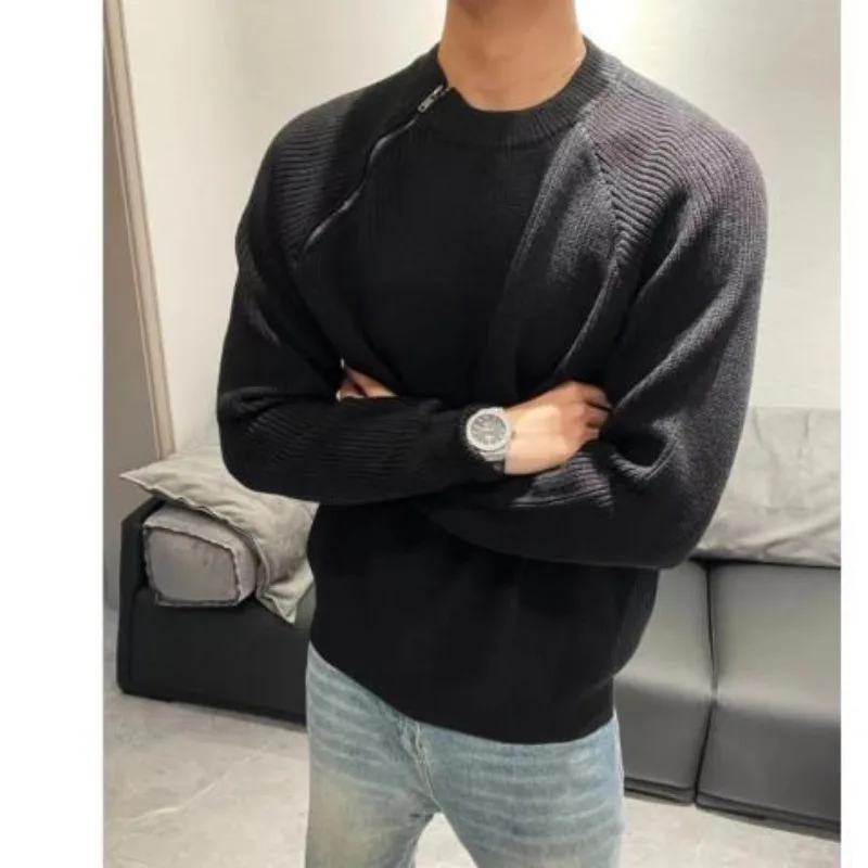 

Side Seam Zipper Slack Round Neck Sweater Versatile Casual Loose Knitted Sweater Couple