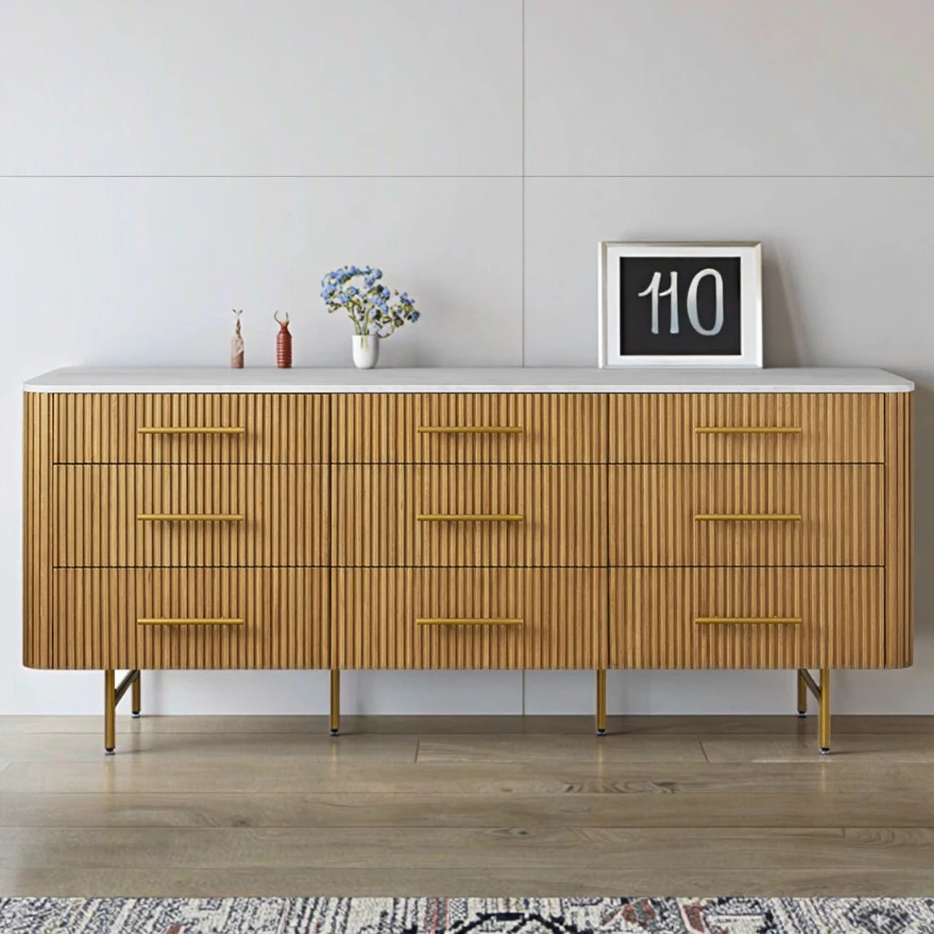 Modern Design Solid Oak Wood 9-Drawer Dresser with Stone Top High Quality Customizable Durable Bedroom Furniture Sets