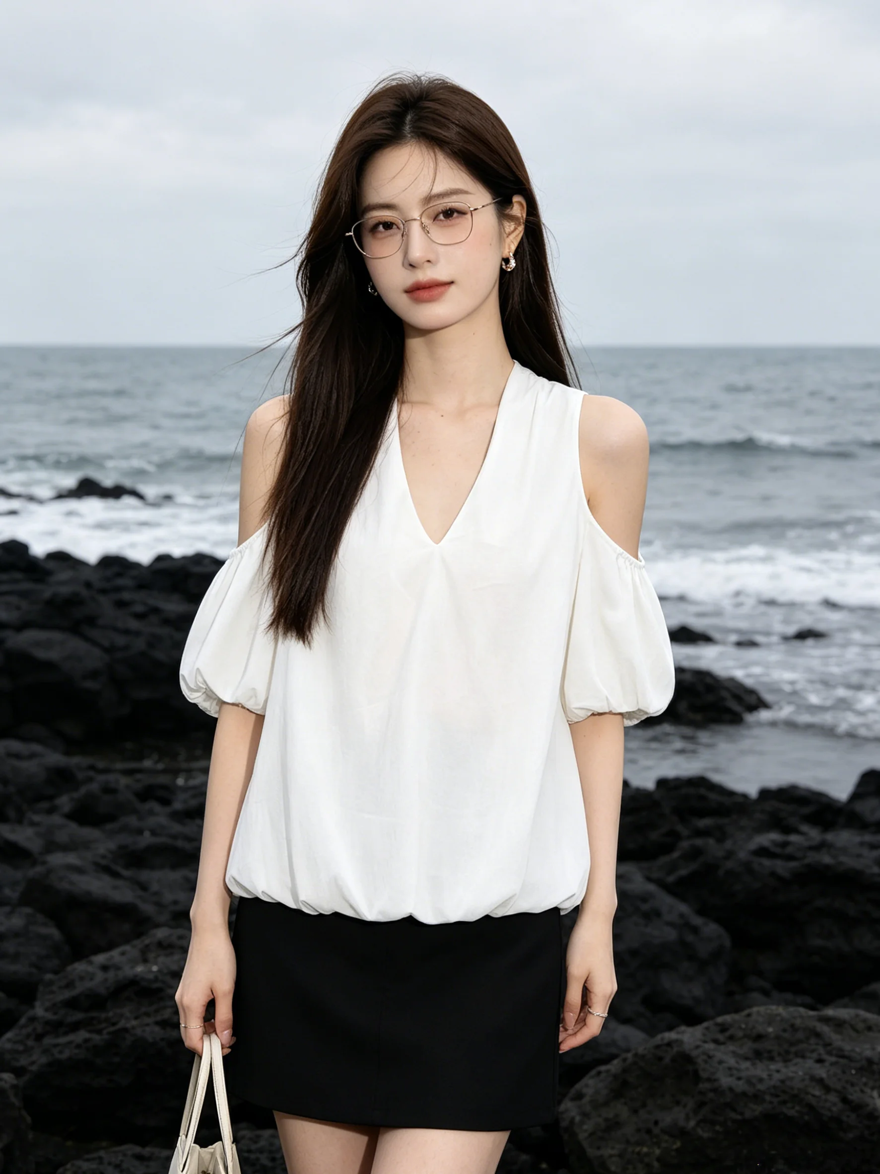 Korean Style Bloomer Top Shoulder Bared V-Neck Bubble Sleeve Short Sleeve T-Shirt Breathable Skin-Friendly Summer New Arrival