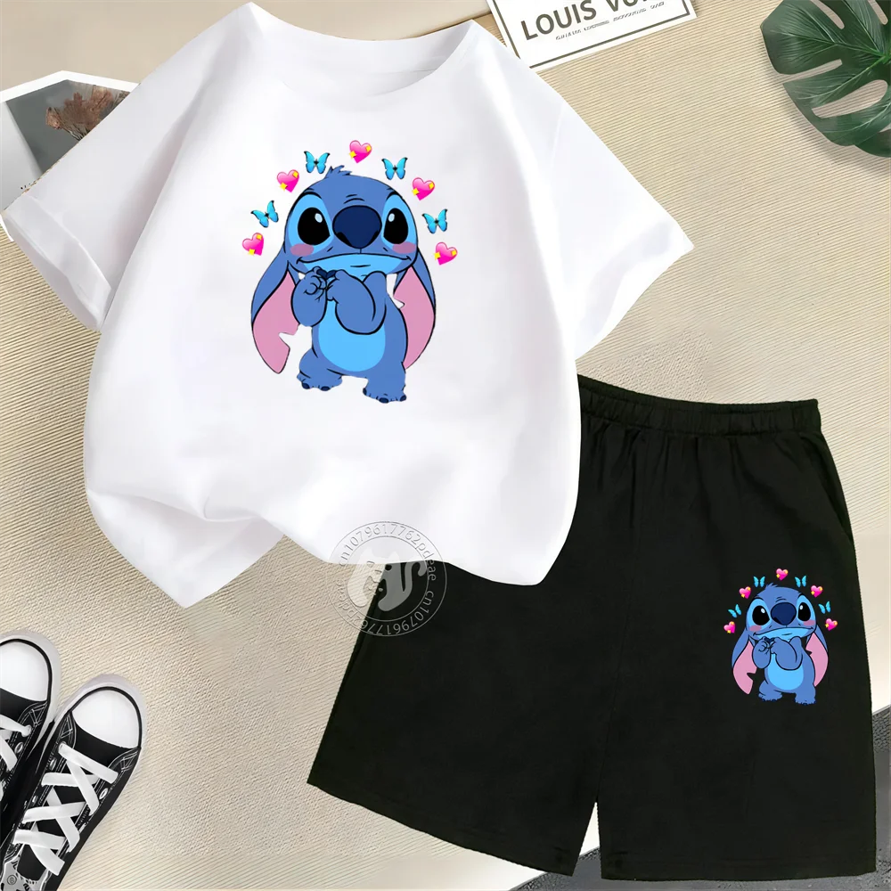 Disney Kids Summer 100% Cotton Short Sleeve T-shirt + Shorts Small Love Stitch Print Teen Boys Girls Street fashion set