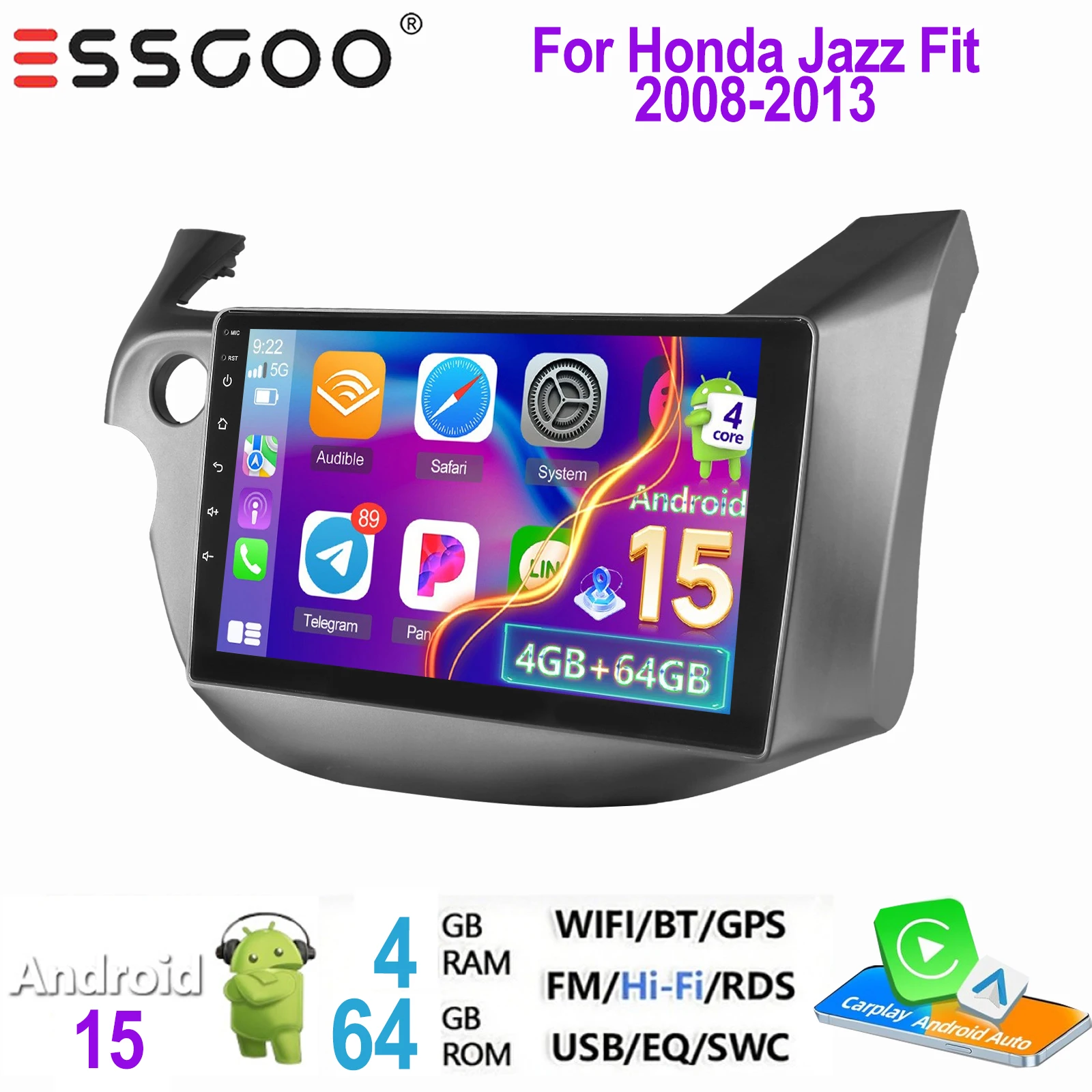 ESSGOO 2 DIN autoradio voor Honda Jazz Fit 2008-2013 Android 15 met draadloze Carplay, Android Auto, GPS, NAVI, WIFI, SWC, RDS, FM, ASP