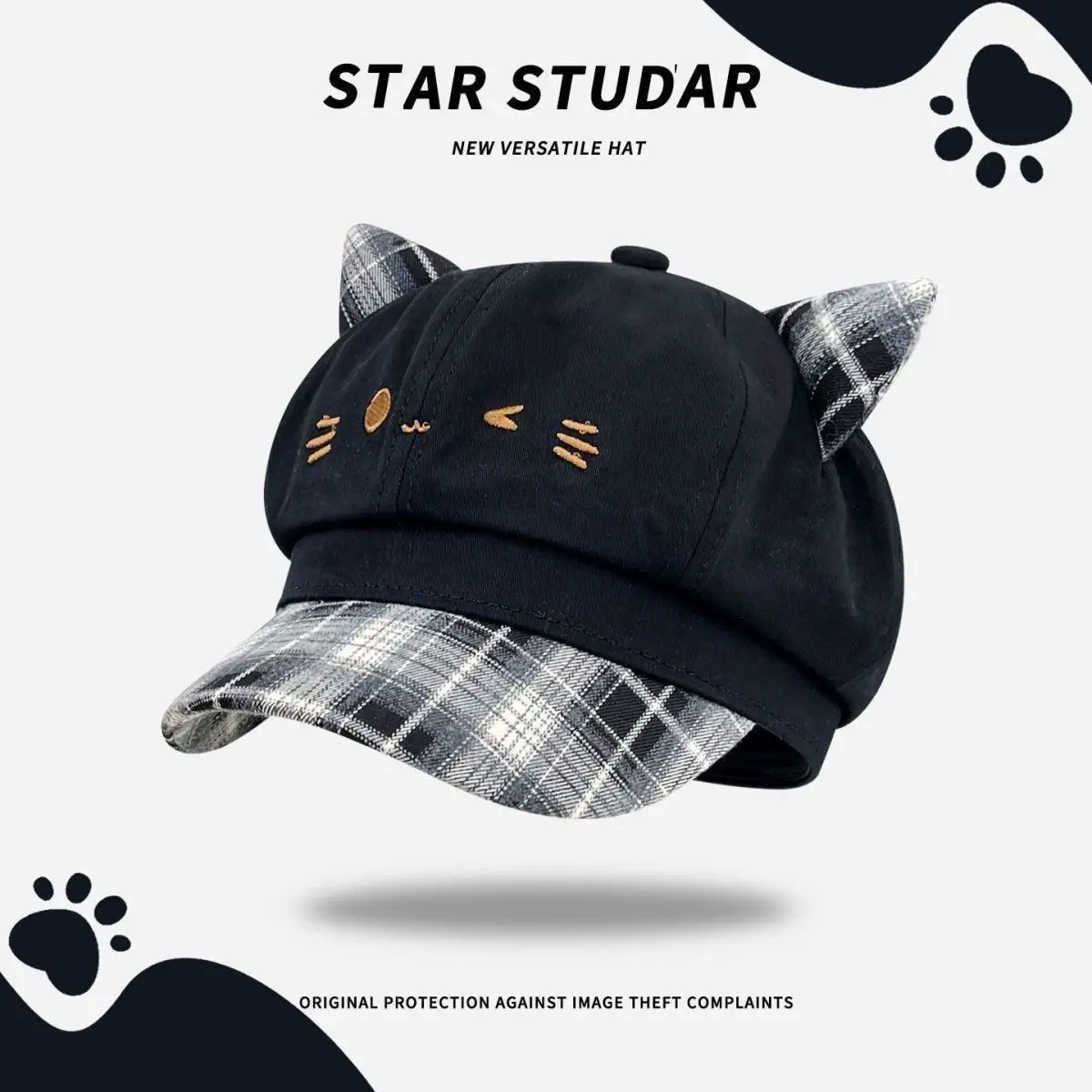 Cute Cat Ears Women's Beret Anime Cat Paw Pattern Newsboy Cap Japanese Style Sweet Baseball Cap Everyday Outfits
