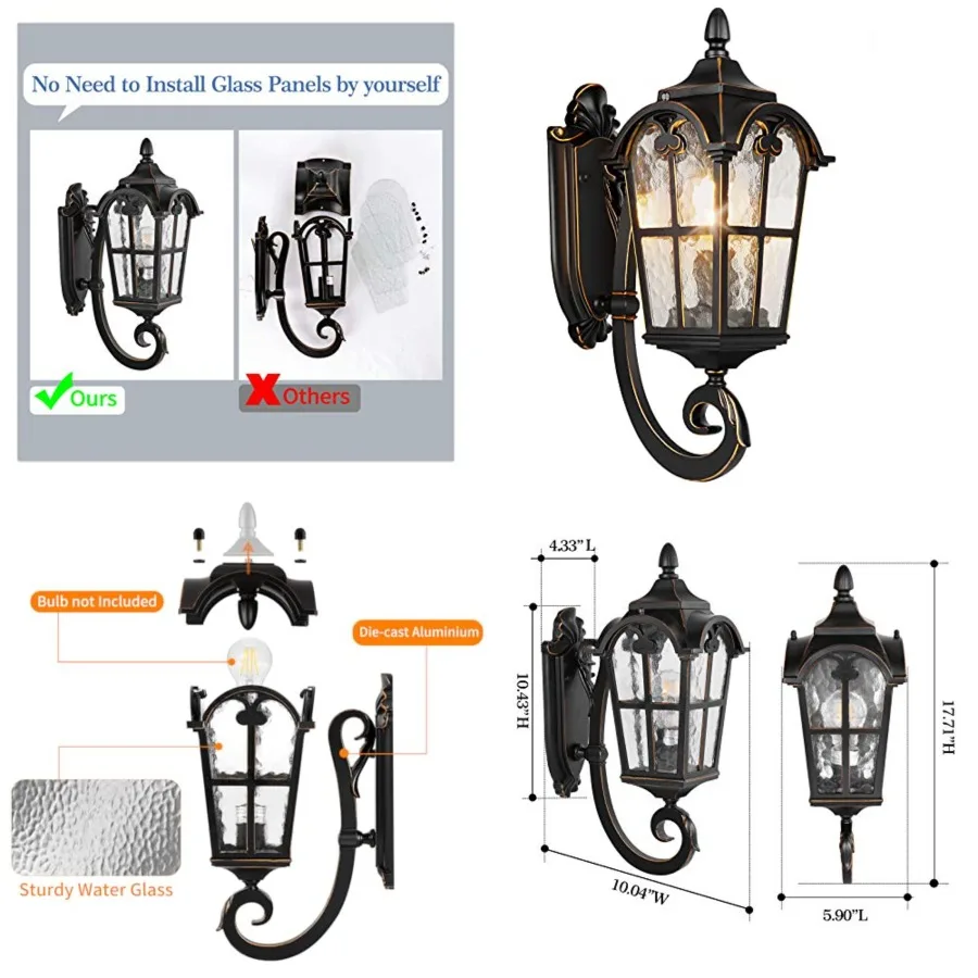 

Outdoor Wall Light Fixtures Black Roman 17.71" H Exterior Wall Lantern Waterproof Sconce Porch Lights Wall Mount with Water Gla