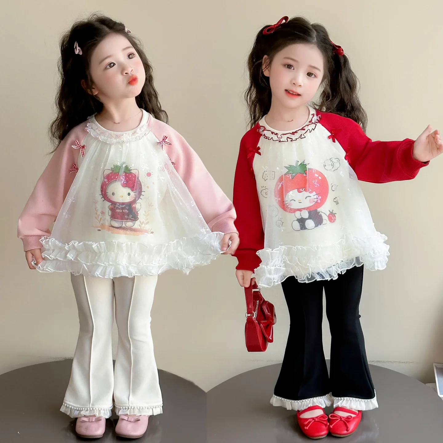 

Hello Kitty Children's Casual Sweatirt Pants Two-Piece Set Spring Autumn Print Tulle Flared Long Sve Pants Girls Outfit