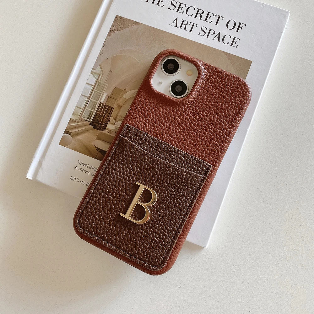 Personalized Leather Phone Case for iPhone16 15 14 13 12 11ProMax 16Plus Cardholder Customized Letter Name Cover