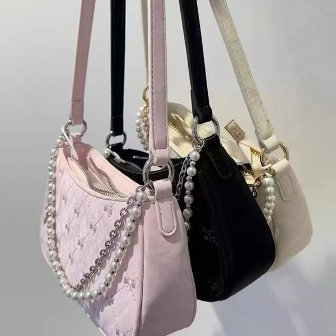 New Niche Design Women\'s Fashionable Shoulder Bag, Pearl Metal Chain Underarm Bag, Butterfly Pattern Elegant Small Bag